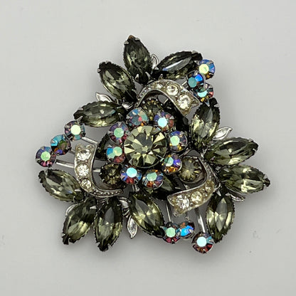 Vintage brooch with olive green navette rhinestones and aurora borealis crystals