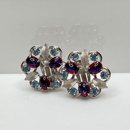 1950s floral earrings with prong-set stones and silver-tone leaf accents