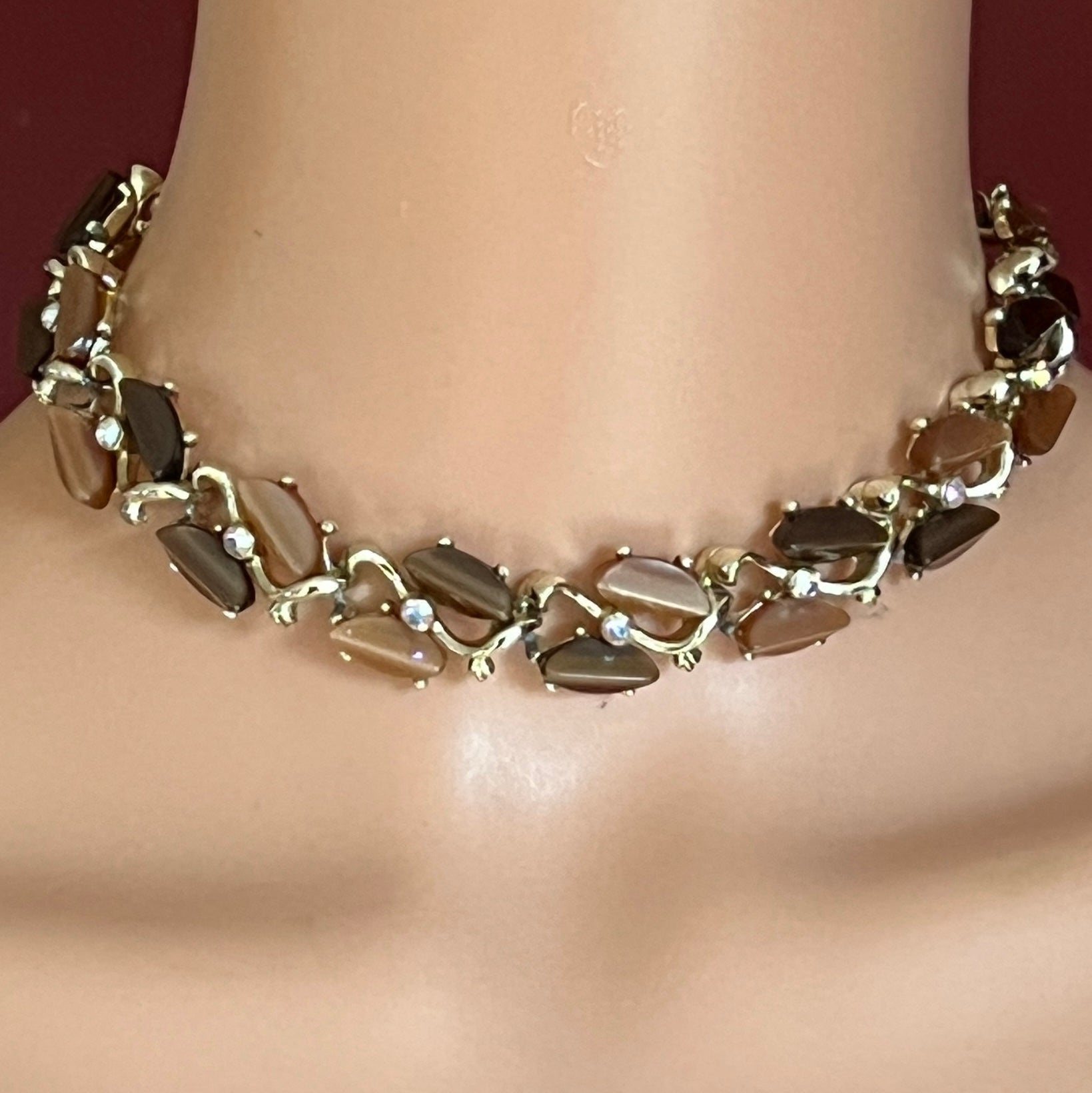 Brown and tan thermoset choker with aurora borealis rhinestones