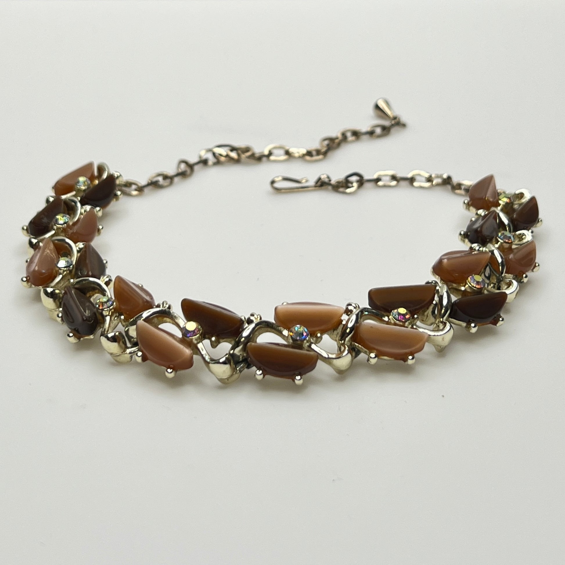 Brown and tan thermoset choker with aurora borealis rhinestones