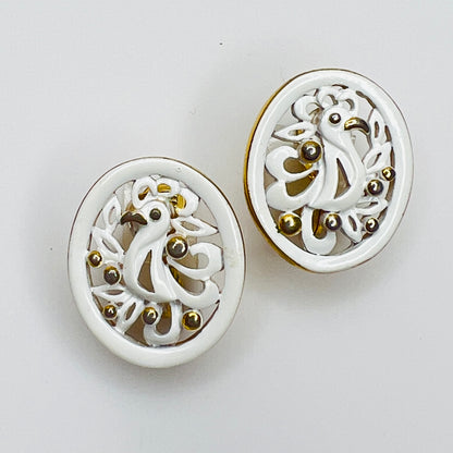 White enamel Monet jewelry set with bird of paradise motif 