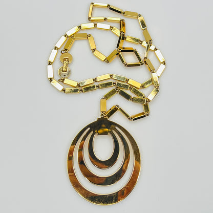 1980s Monet signed goldtone necklace with geometric pendant and rectangular chain