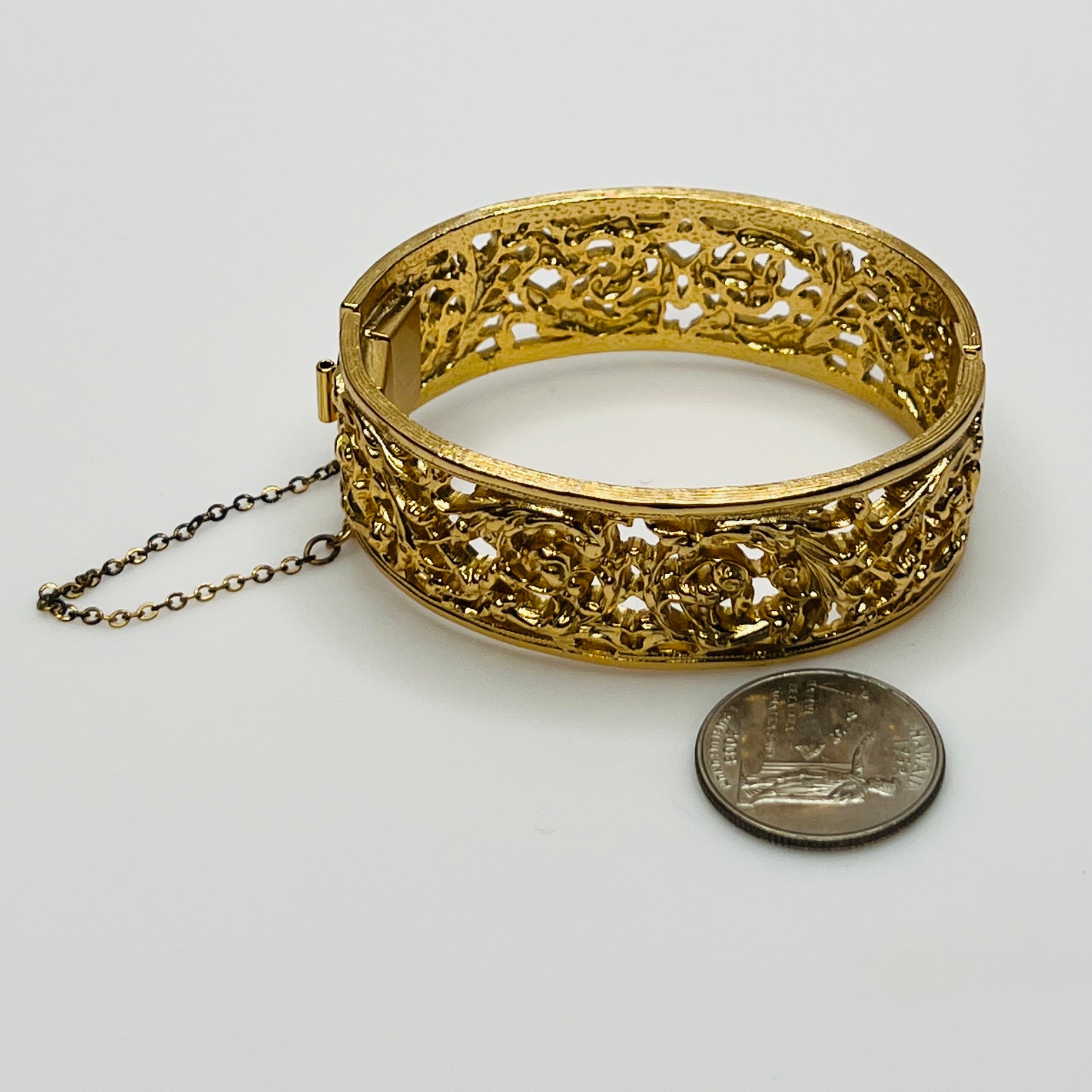 Vintage Napier gold filigree hinged bangle bracelet with safety chain