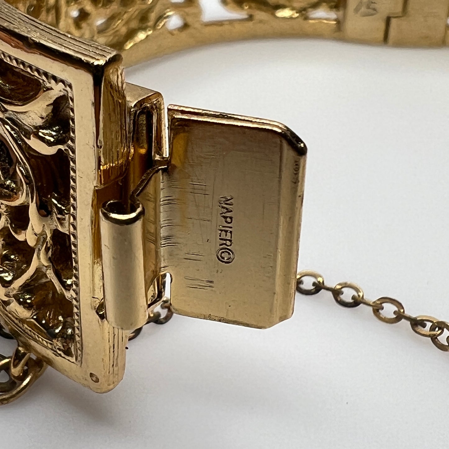 Vintage Napier gold filigree hinged bangle bracelet with safety chain