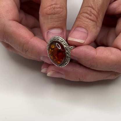 Sterling Silver Baltic Amber Ring – Artisan Modernist – Statement Size 7