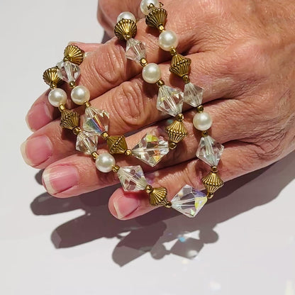 Aurora Borealis Crystal & Pearl Necklace – Mid Century – Layered Brass Detail