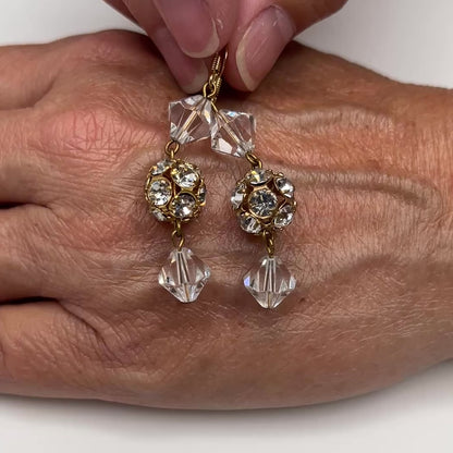 Crystal Dangle Earrings – 1960s Glam – Faceted Bicone & Filigree Beads