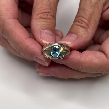 Sterling Silver Blue Topaz Ring – Modernist Oval Cut Bold Statement Band