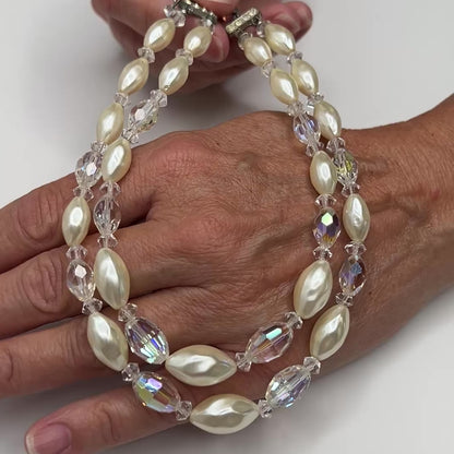 Faux Pearl & Aurora Glass Necklace – 1950s Glam – Double Strand Choker