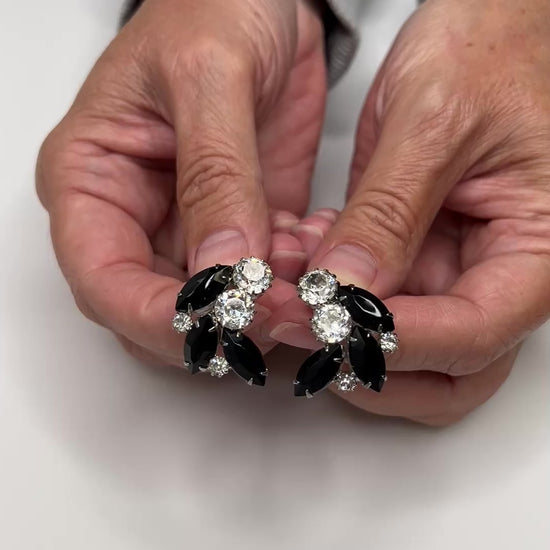 Weiss vintage clip-on earrings with black and clear rhinestones