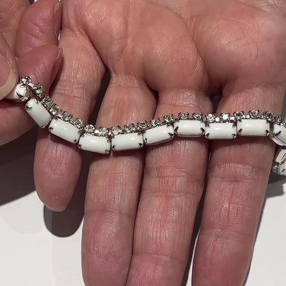 Milk Glass & Rhinestone Choker – 1950s – Prong Set Statement Necklace