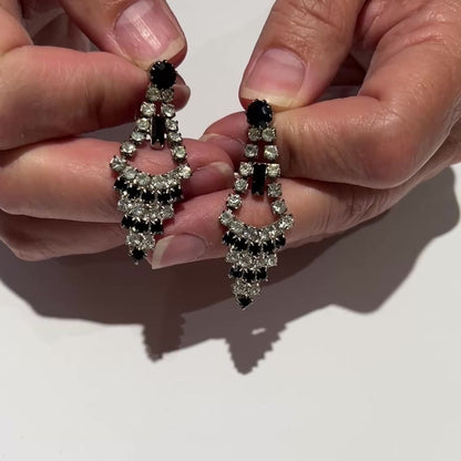 Art Deco Rhinestone Earrings – Black & Clear – Long 1950s Glam Studs