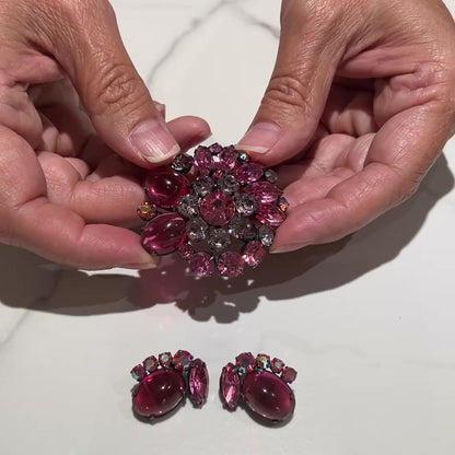 Coro Pink Rhinestone Brooch & Earrings Set – 1960s Aurora Borealis – Mod Glam Statement