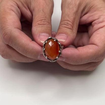 Sterling Silver Ring – 1970s Celtic Revival – Faceted Carnelian Statement