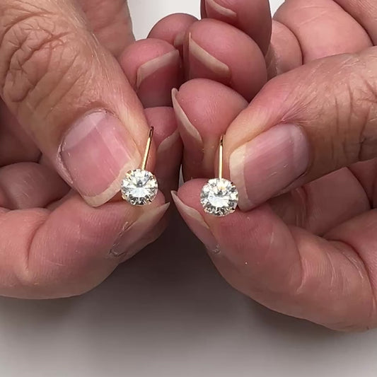 14K Gold Diamonique CZ Earrings – Leverback Solitaire Drops – Timeless Sparkle