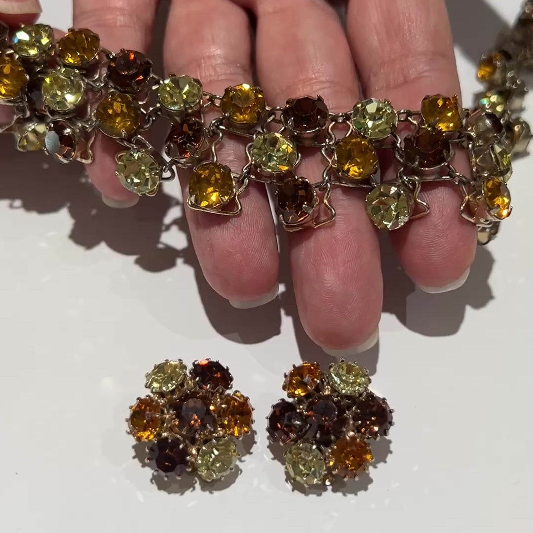 Vintage Vogue necklace and clip-on earring set with warm amber and yellow rhinestones