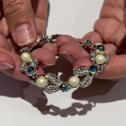 Silver Leaf Link Bracelet – 1950s Glam – Faux Pearl & Aurora Borealis