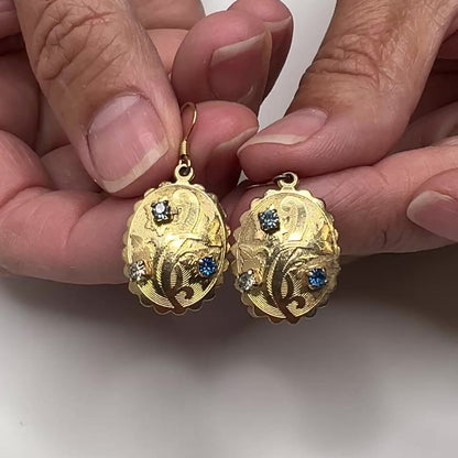 Etched Gold Dangle Earrings – Mid-Century Revival – Blue & Clear Rhinestones