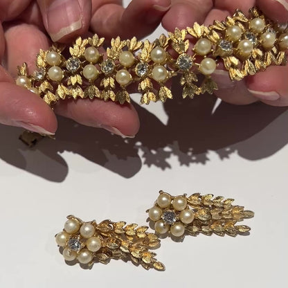 Sarah Coventry Gold Leaf Set – Faux Pearl & Rhinestone – Vintage Bracelet + Earrings