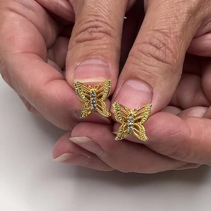 Gold Filigree Butterfly Earrings – Vintage Rhinestone Pierced Studs