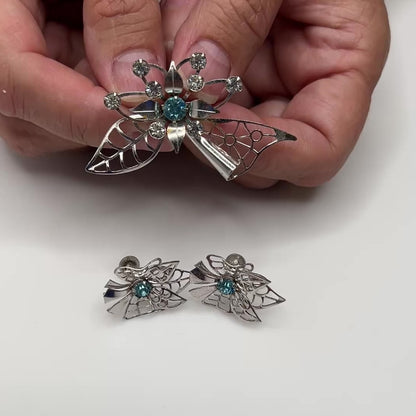 Silver & Blue Rhinestone Jewelry Set – Mid-Century – Starburst Brooch & Filigree Earrings