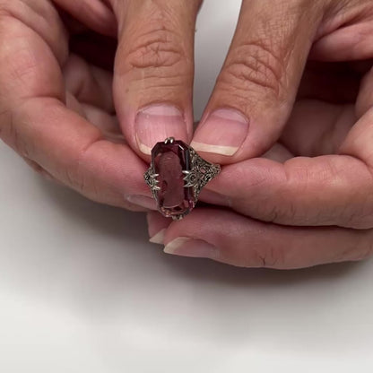 Sterling Silver Filigree Ring – Art Deco – Amethyst Intaglio Cameo