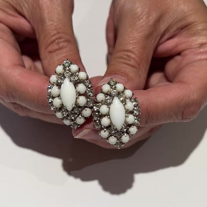 Milk Glass Rhinestone Earrings – Midcentury Clip-Ons – Oval Marquise Design