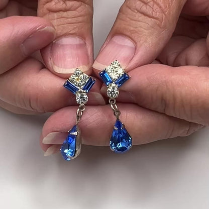 Art Deco Blue Rhinestone Earrings – Teardrop Dangles – 1930s Glamour