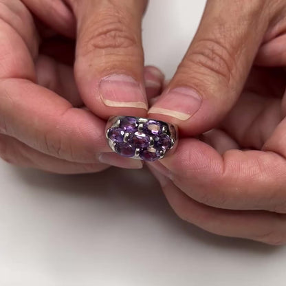 Sterling Amethyst Cluster Ring – 1970s Cocktail – Oval Cut Statement, Size 5.75