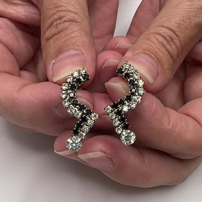 Art Deco Rhinestone Earrings – Black & Clear – Vintage Zigzag Studs