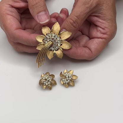 Trifari Rhinestone Flower Brooch & Earrings – 1950s Gold Starburst Set – Signed Vintage