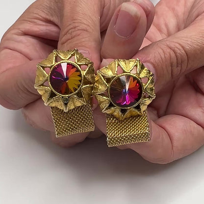 Gold Mesh Cufflinks – Mid-Century Modern – Watermelon Rivoli Crystal