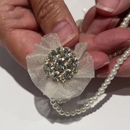 Glass Pearl Necklace – Upcycled Vintage – Rhinestone Flower Accent