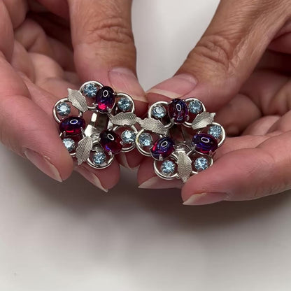 Blue Rhinestone & Red Cabochon Earrings – 1950s Silver Floral Petal Clip-Ons