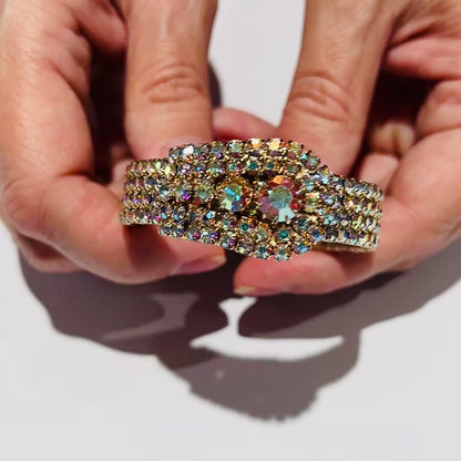 Aurora Borealis Rhinestone Clamper Bracelet – 1950s Glam – Prong Set Hinged Cuff