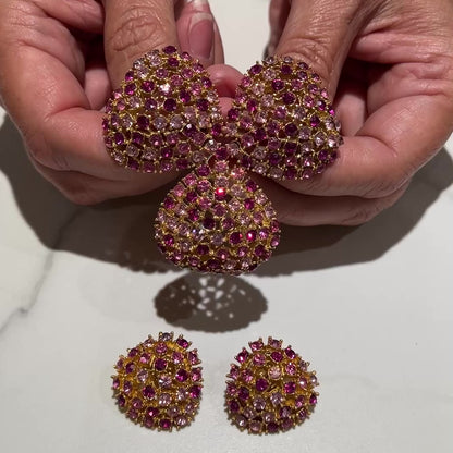 Pink Rhinestone Brooch & Earrings Set – 1950s Mid-Century Glam – Gold Tone