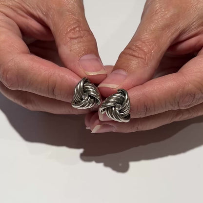 Sterling Silver Love Knot Earrings – Vintage Studs – Clear Rhinestone Center
