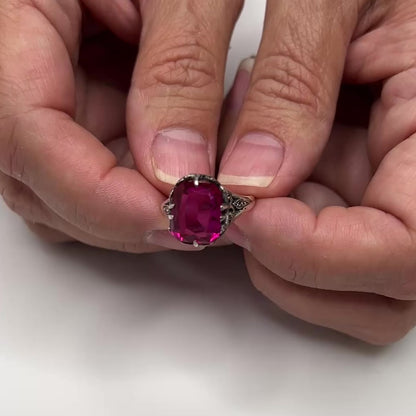 Sterling Marcasite & Pink Crystal Ring – Ornate Victorian Revival Solitaire