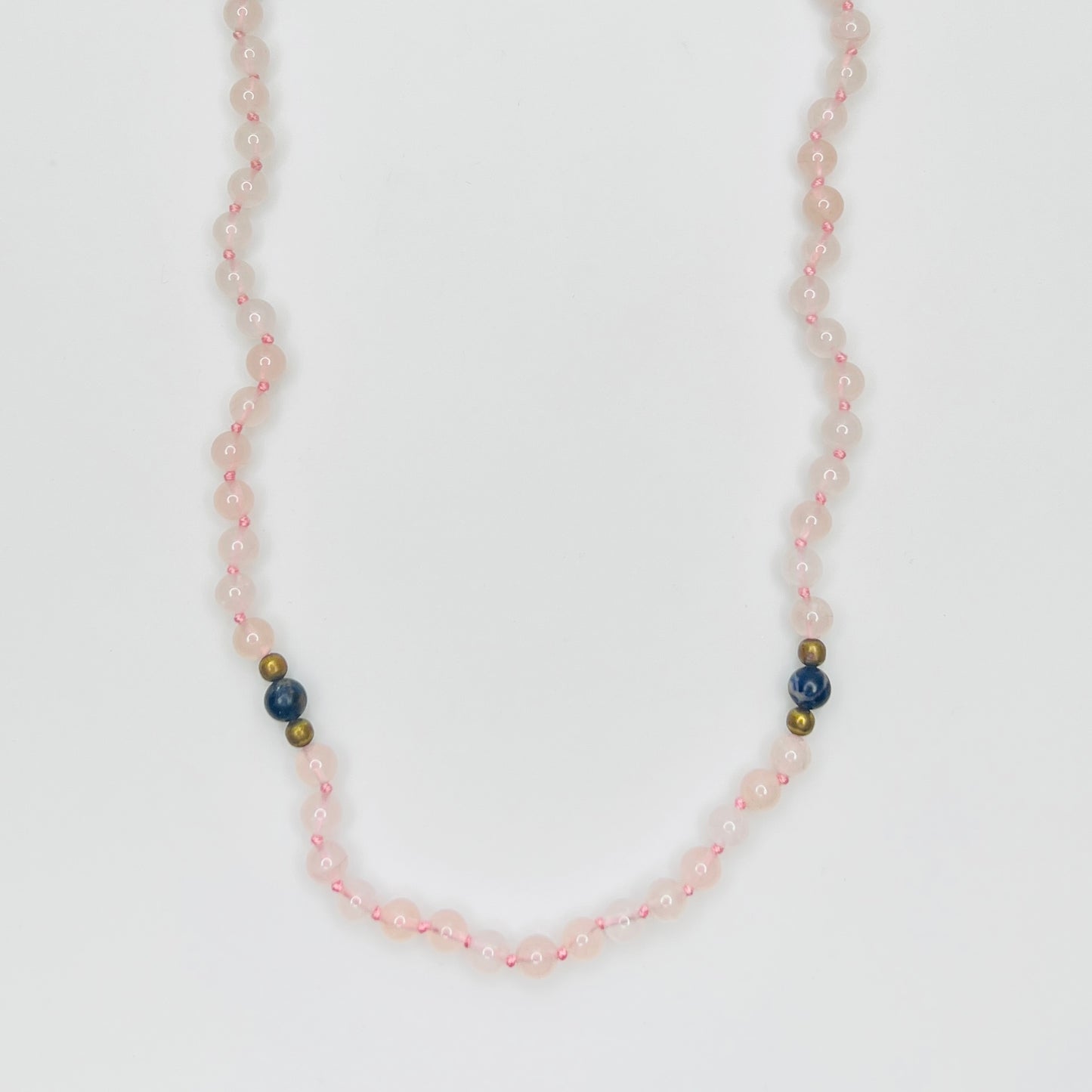 Hand knotted rose quartz and lapis bead necklace