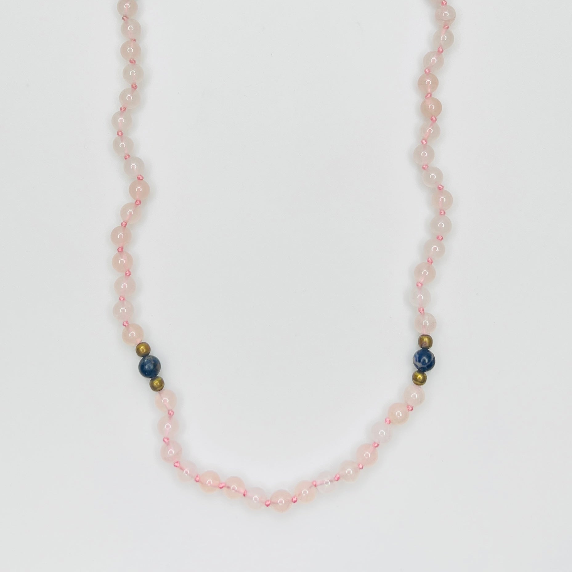 Hand knotted rose quartz and lapis bead necklace