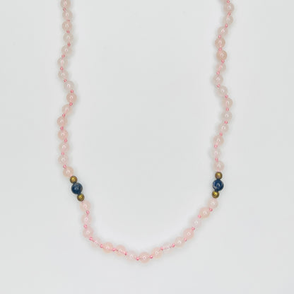 Hand knotted rose quartz and lapis bead necklace