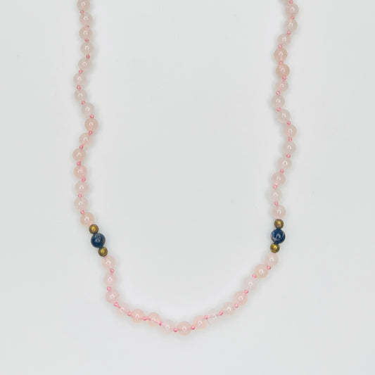 Hand knotted rose quartz and lapis bead necklace