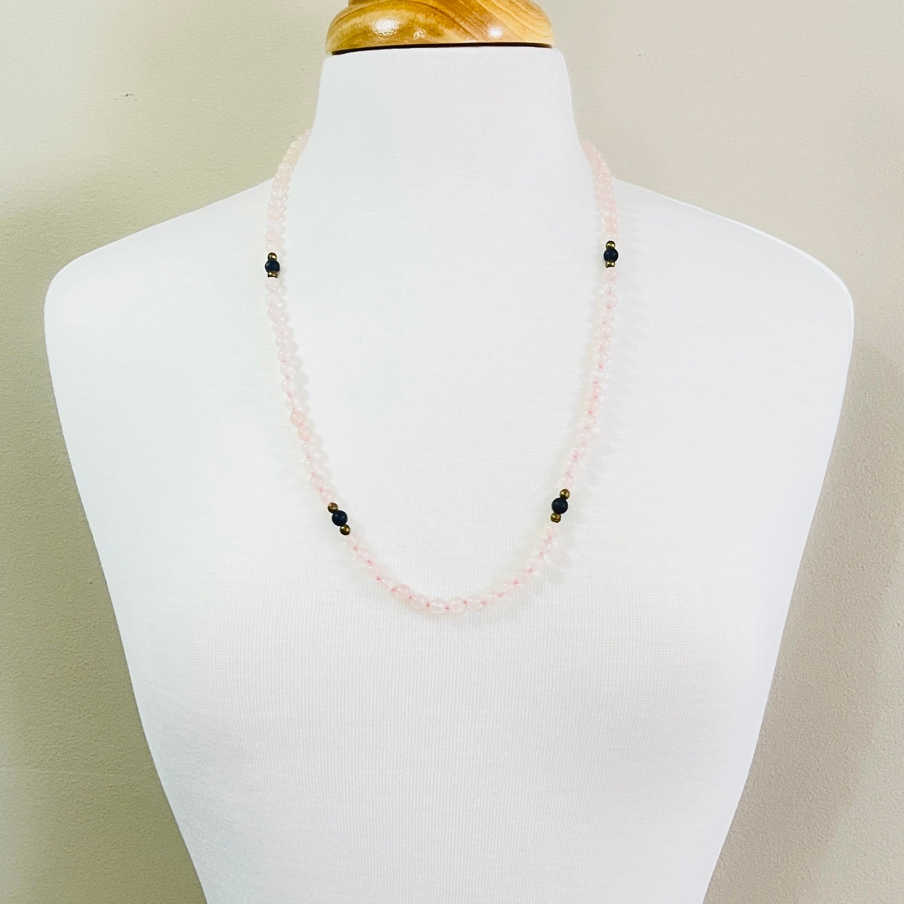 Hand knotted rose quartz and lapis bead necklace