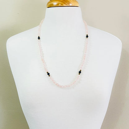 Hand knotted rose quartz and lapis bead necklace