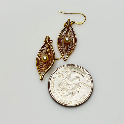 Gold filigree leaf dangle earrings with faux pearls, midcentury vintage