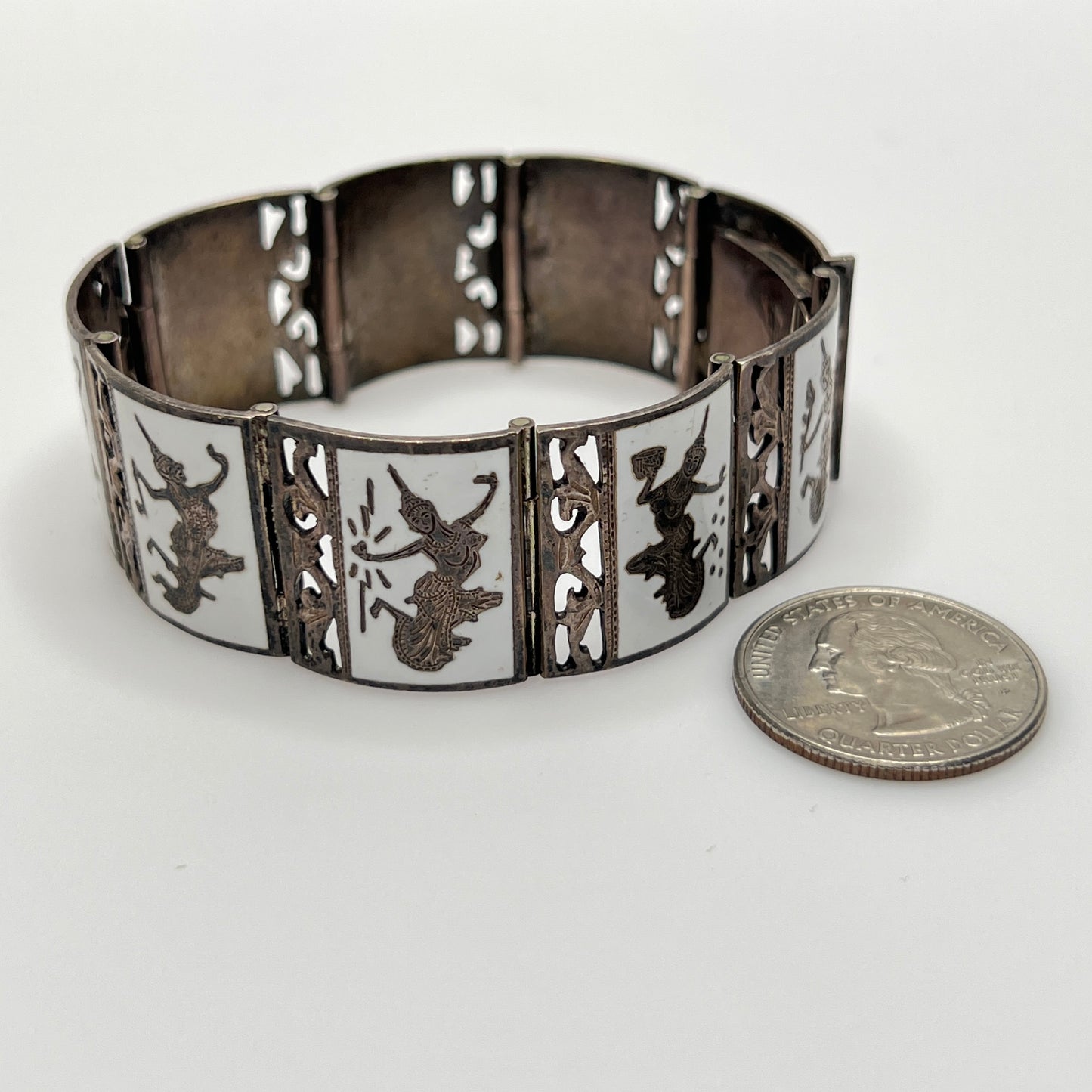 Vintage Siam silver bracelet with white enamel dancing goddess panels