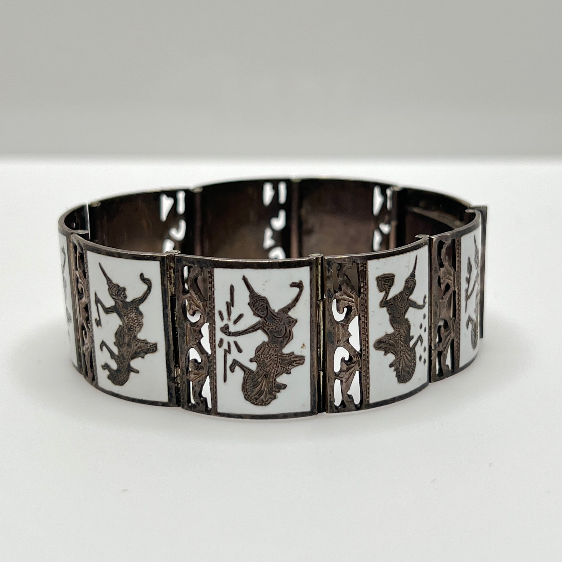 Vintage Siam silver bracelet with white enamel dancing goddess panels