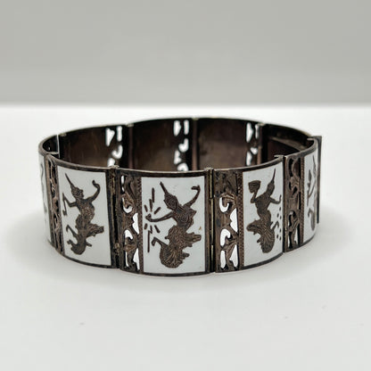 Vintage Siam silver bracelet with white enamel dancing goddess panels