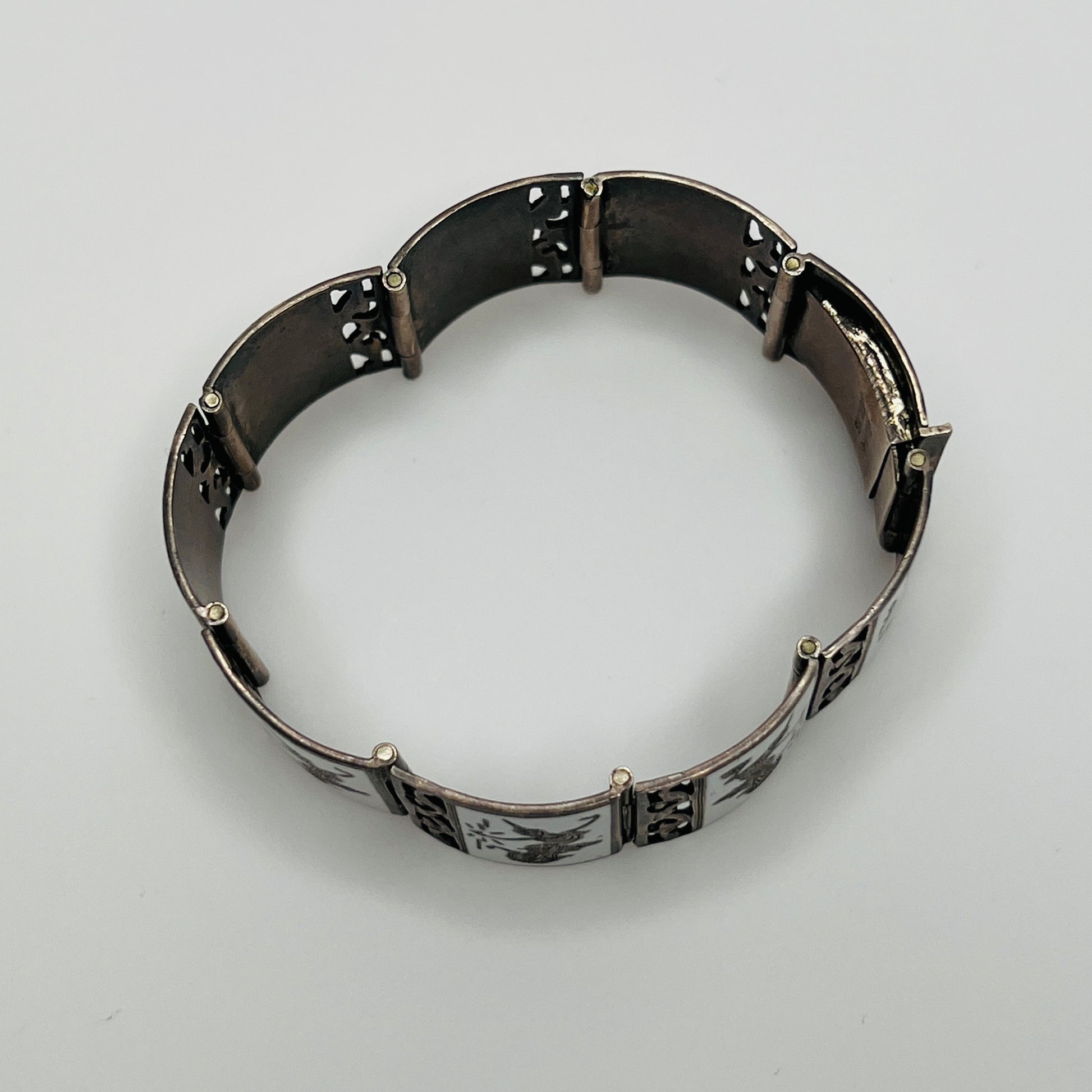 Vintage Siam silver bracelet with white enamel dancing goddess panels