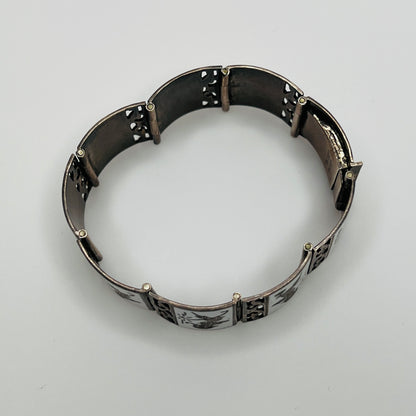 Vintage Siam silver bracelet with white enamel dancing goddess panels